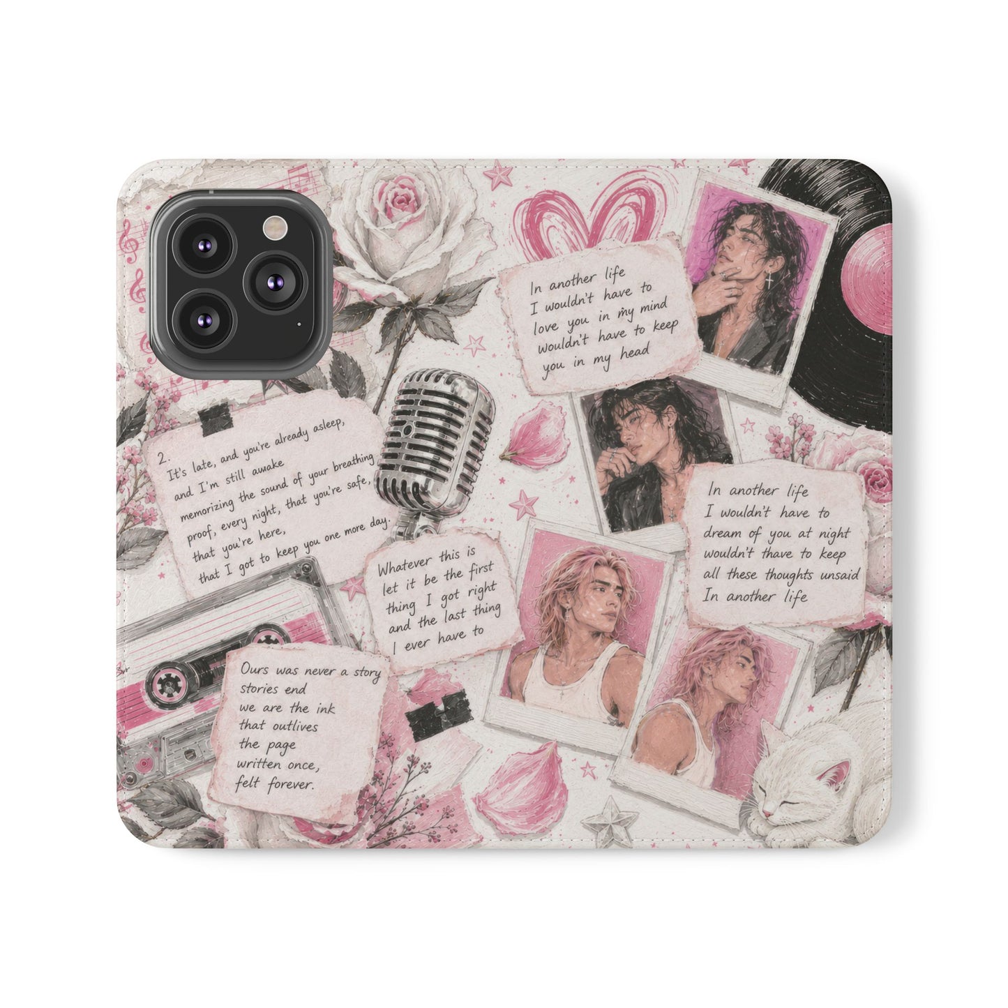 Lyric Flip Case | Light Pink Romantic Aesthetic Phone Case | Music-Inspired Folio Wallet Case