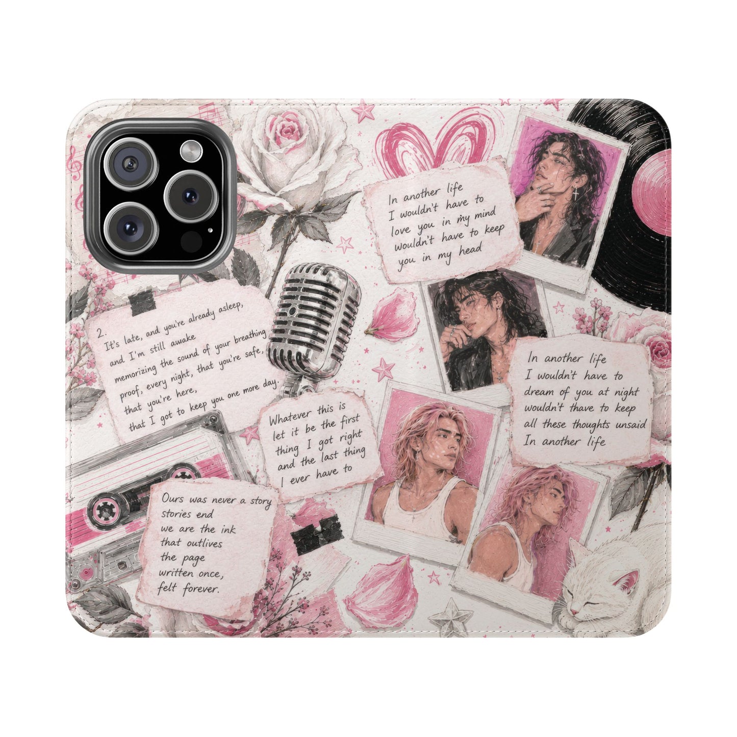 Lyric Flip Case | Light Pink Romantic Aesthetic Phone Case | Music-Inspired Folio Wallet Case