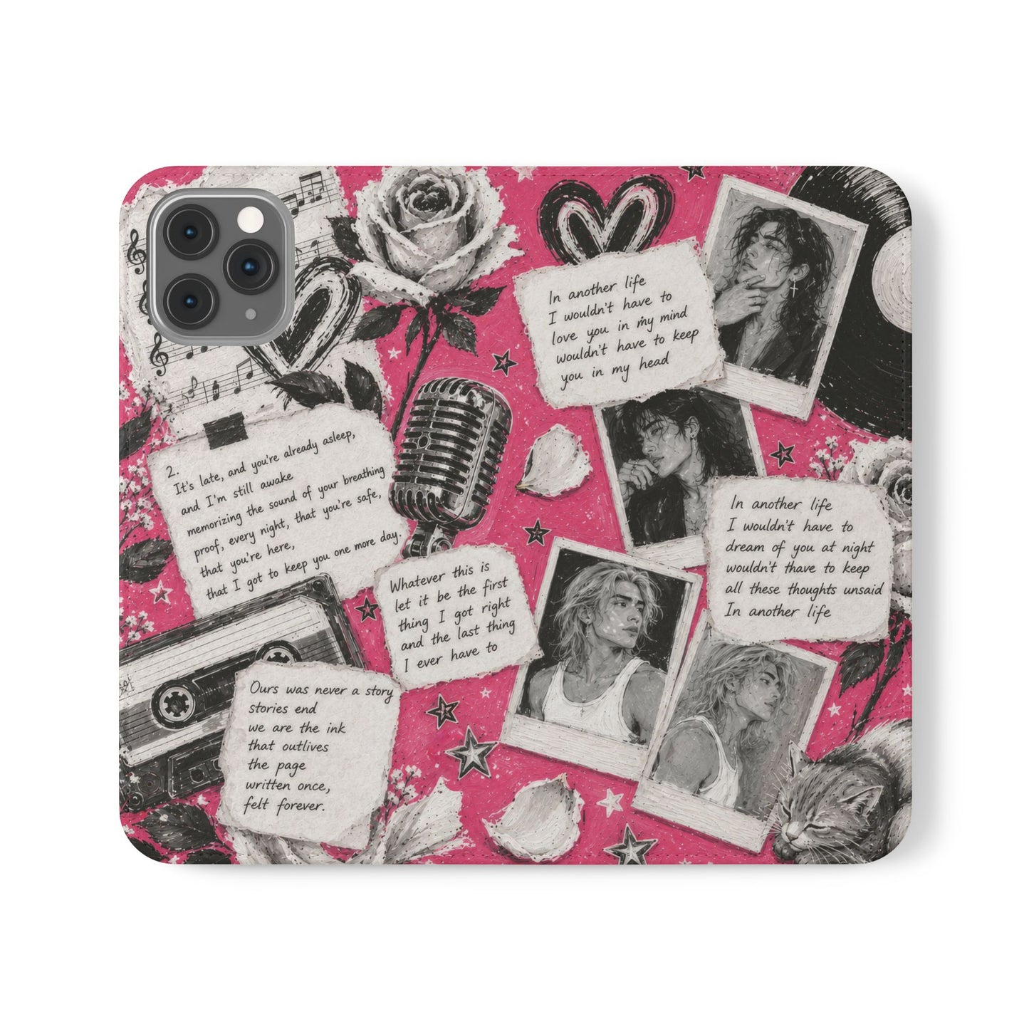 Lyric Flip Case | Bright Pink Romantic Aesthetic Phone Case | Music-Inspired Folio Wallet Case