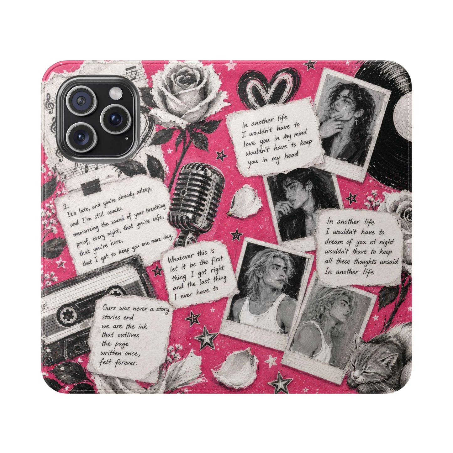 Lyric Flip Case | Bright Pink Romantic Aesthetic Phone Case | Music-Inspired Folio Wallet Case