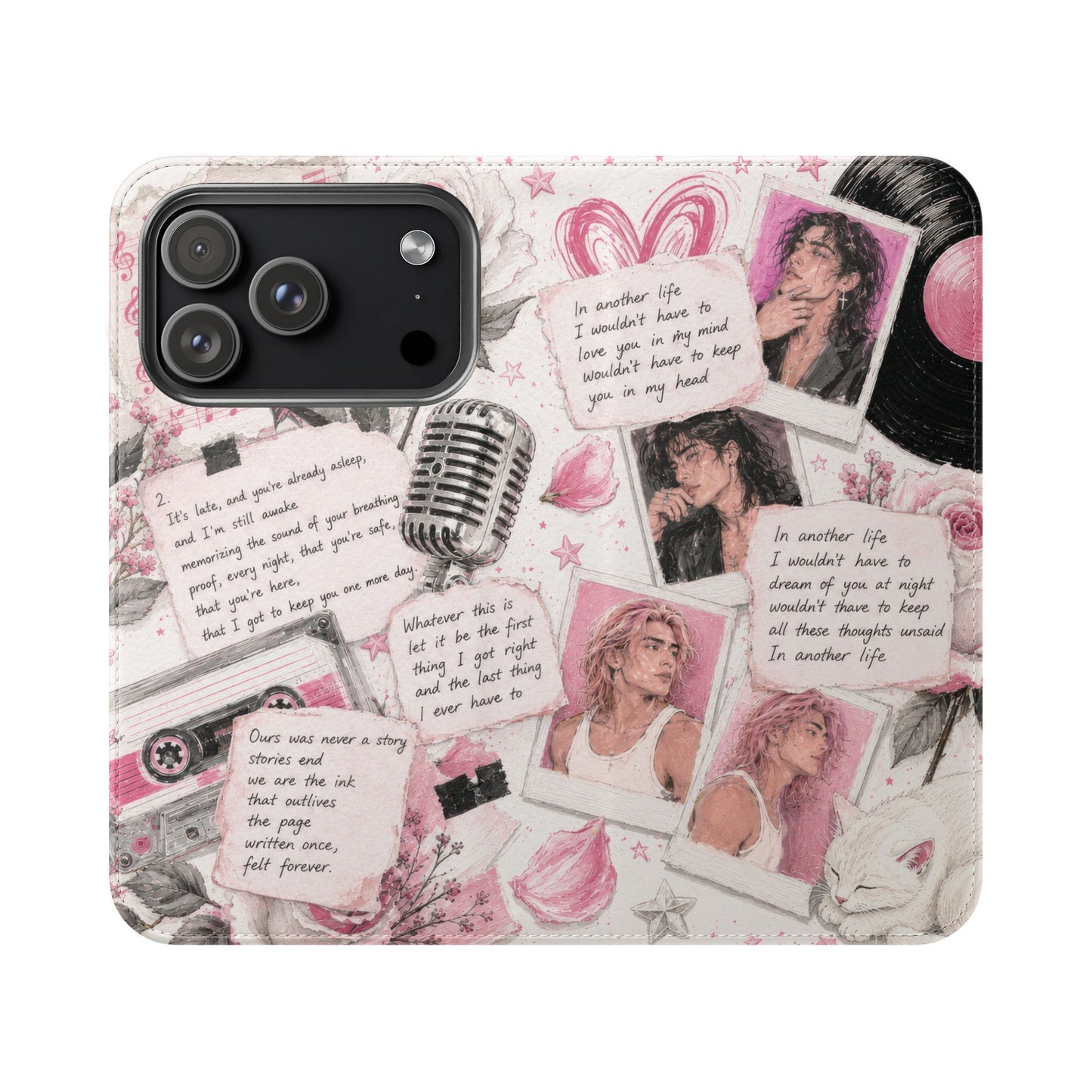 Lyric Flip Case | Light Pink Romantic Aesthetic Phone Case | Music-Inspired Folio Wallet Case