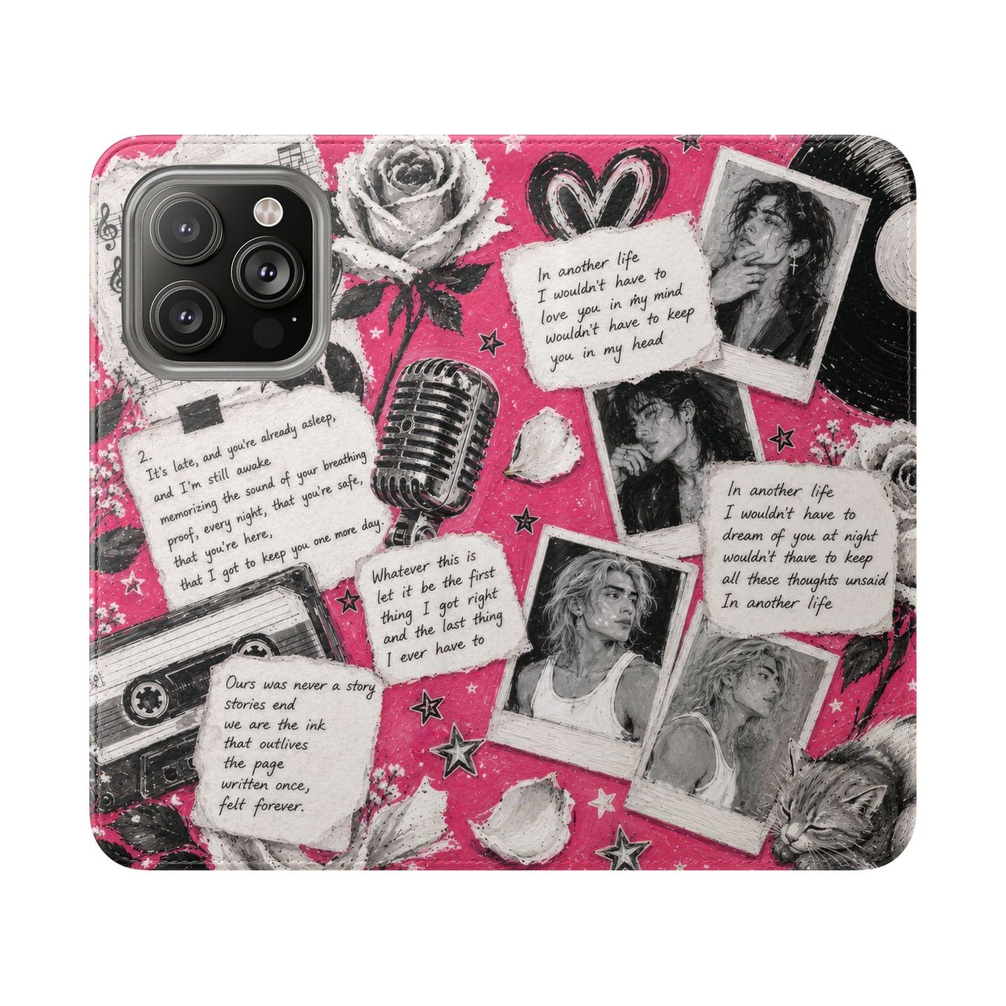 Lyric Flip Case | Bright Pink Romantic Aesthetic Phone Case | Music-Inspired Folio Wallet Case