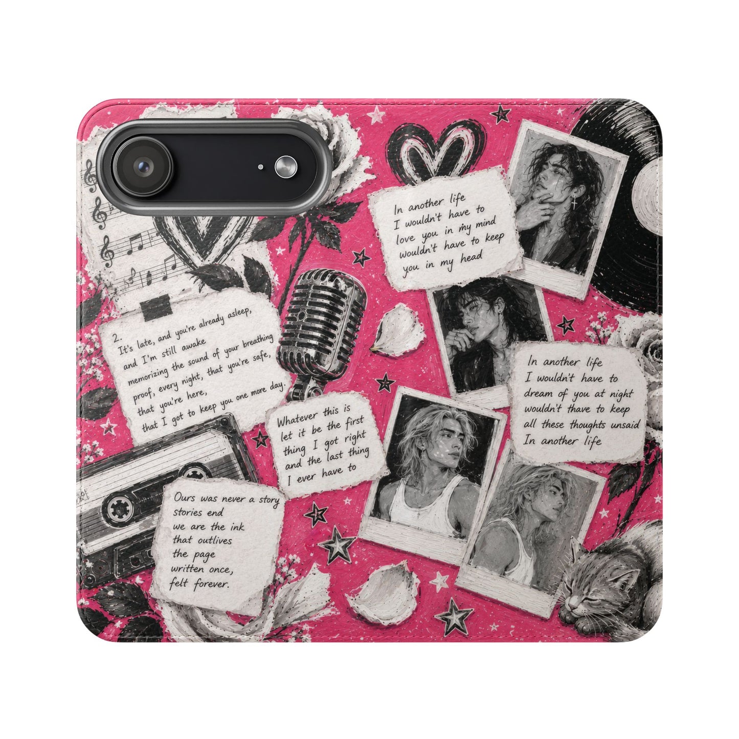Lyric Flip Case | Bright Pink Romantic Aesthetic Phone Case | Music-Inspired Folio Wallet Case