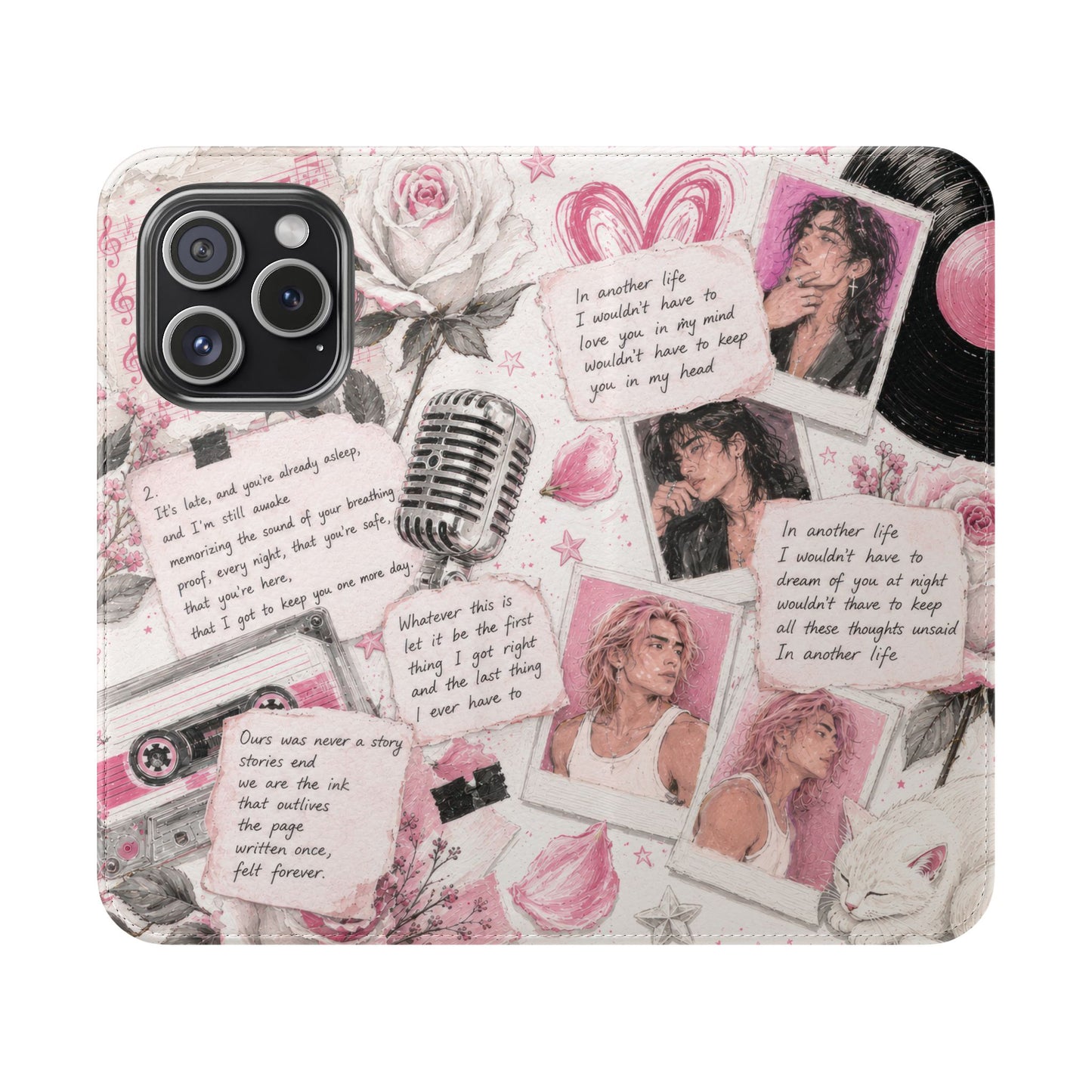 Lyric Flip Case | Light Pink Romantic Aesthetic Phone Case | Music-Inspired Folio Wallet Case