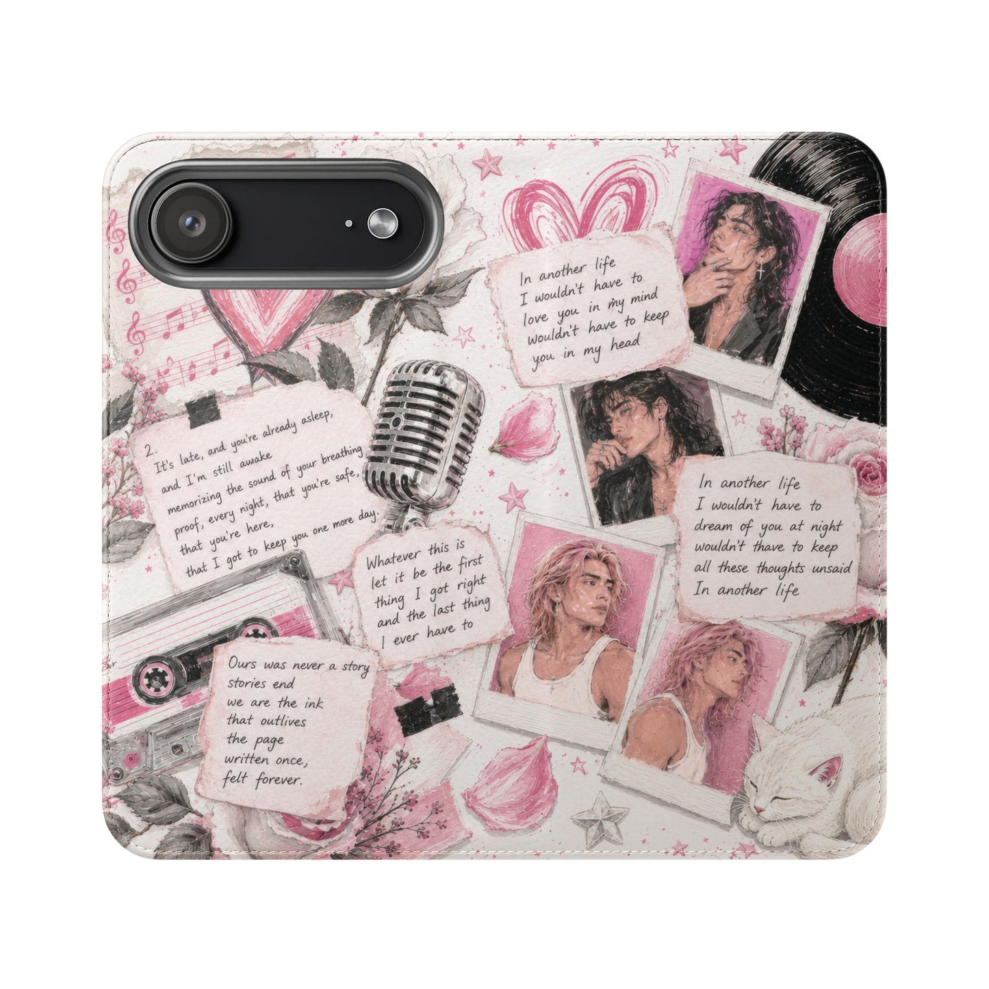 Lyric Flip Case | Light Pink Romantic Aesthetic Phone Case | Music-Inspired Folio Wallet Case