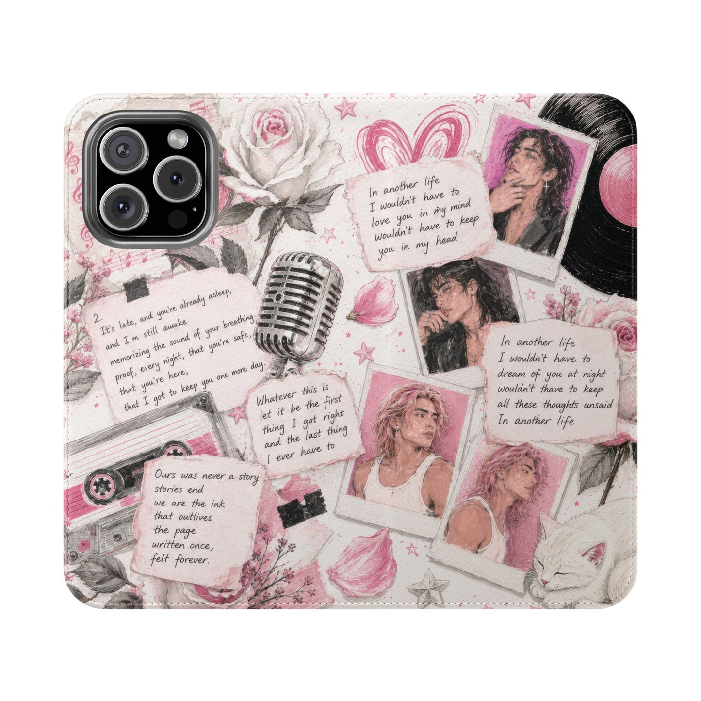 Lyric Flip Case | Light Pink Romantic Aesthetic Phone Case | Music-Inspired Folio Wallet Case