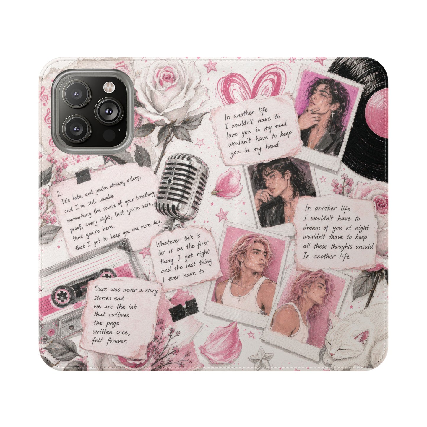 Lyric Flip Case | Light Pink Romantic Aesthetic Phone Case | Music-Inspired Folio Wallet Case