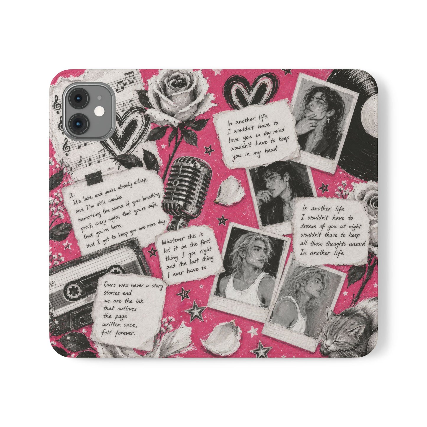 Lyric Flip Case | Bright Pink Romantic Aesthetic Phone Case | Music-Inspired Folio Wallet Case