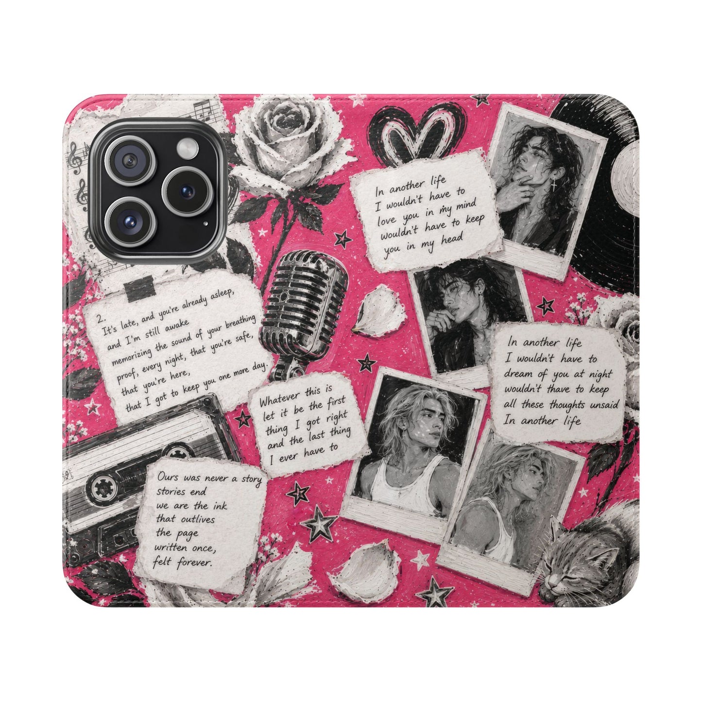 Lyric Flip Case | Bright Pink Romantic Aesthetic Phone Case | Music-Inspired Folio Wallet Case