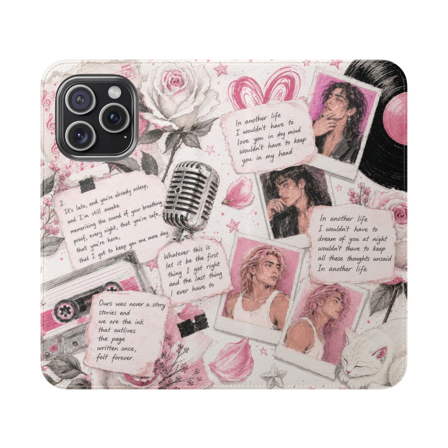 Lyric Flip Case | Light Pink Romantic Aesthetic Phone Case | Music-Inspired Folio Wallet Case