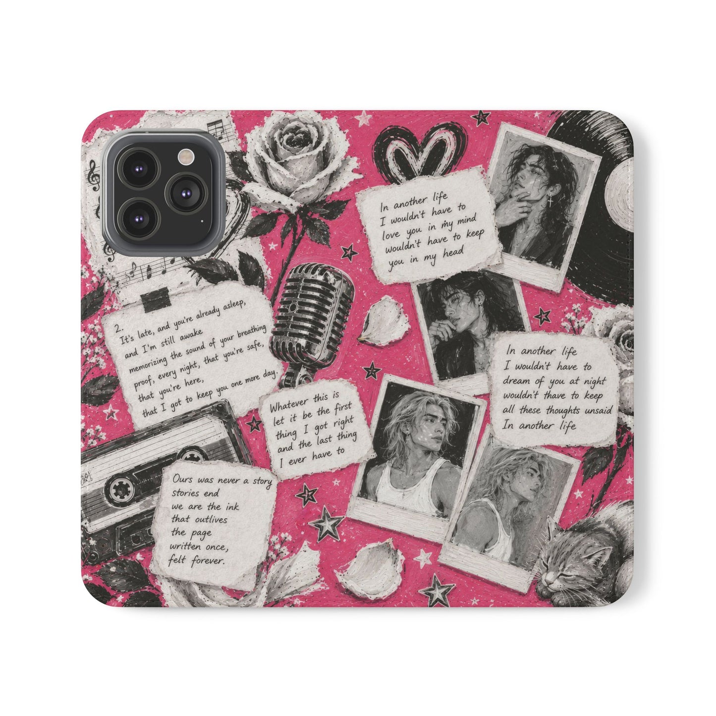 Lyric Flip Case | Bright Pink Romantic Aesthetic Phone Case | Music-Inspired Folio Wallet Case
