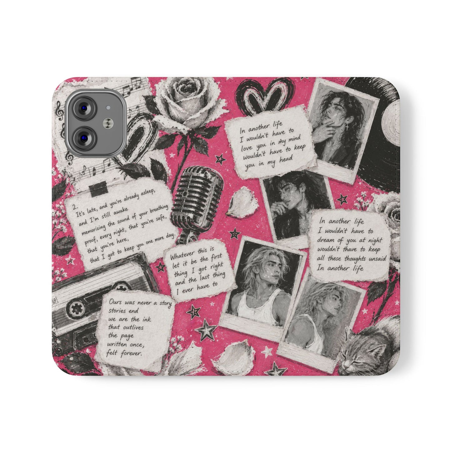 Lyric Flip Case | Bright Pink Romantic Aesthetic Phone Case | Music-Inspired Folio Wallet Case