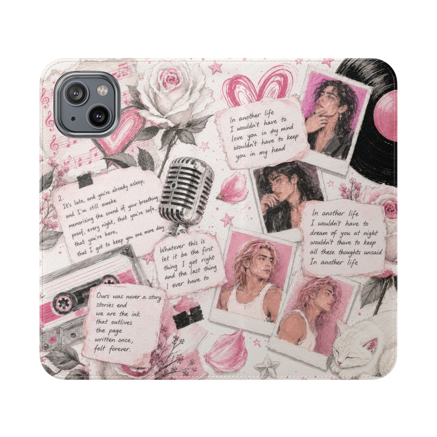 Lyric Flip Case | Light Pink Romantic Aesthetic Phone Case | Music-Inspired Folio Wallet Case