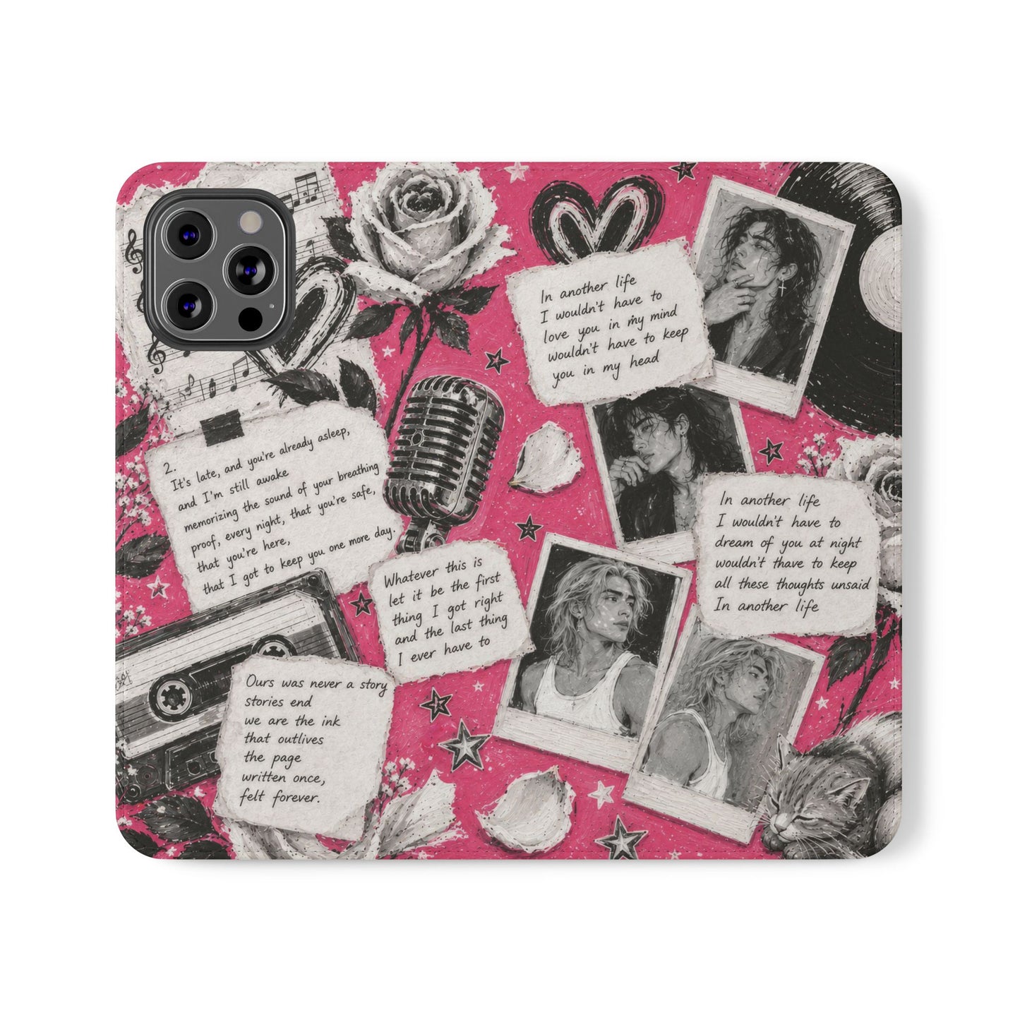 Lyric Flip Case | Bright Pink Romantic Aesthetic Phone Case | Music-Inspired Folio Wallet Case
