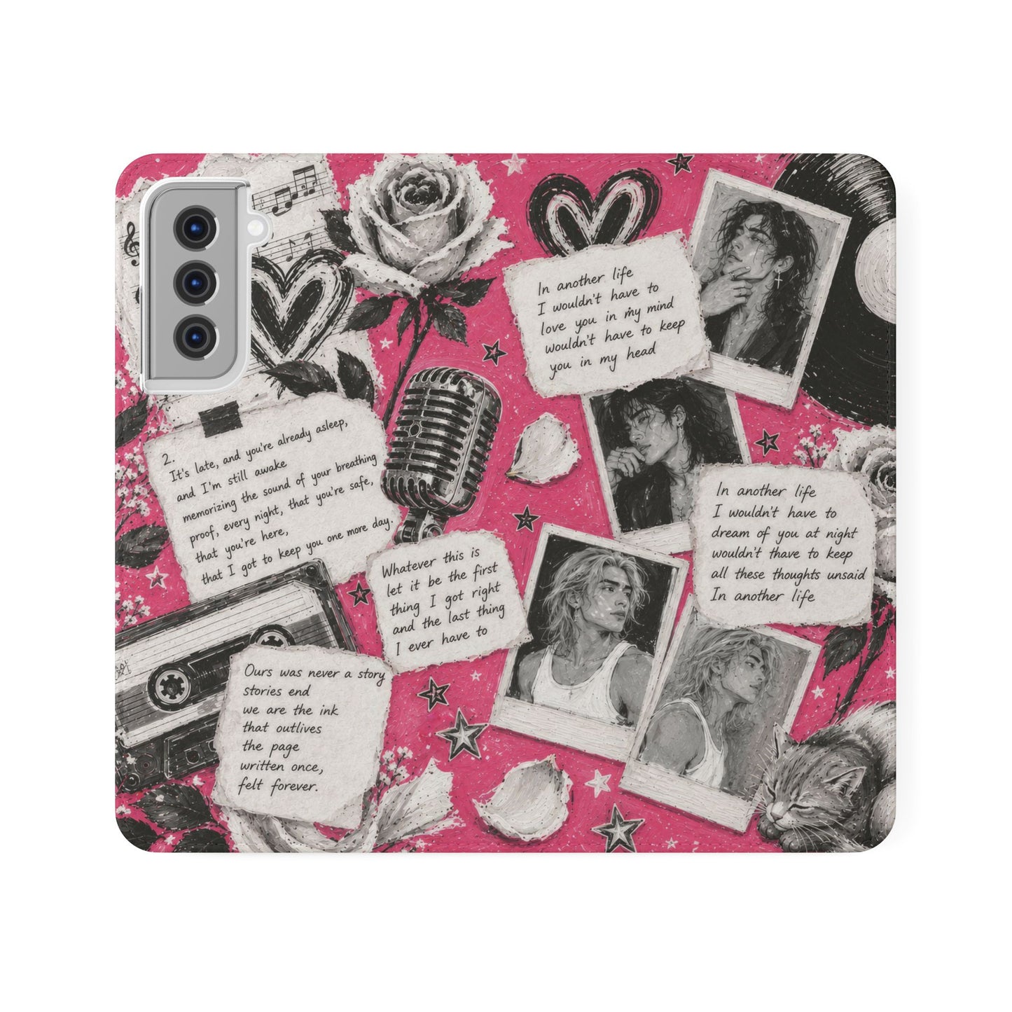 Lyric Flip Case | Bright Pink Romantic Aesthetic Phone Case | Music-Inspired Folio Wallet Case