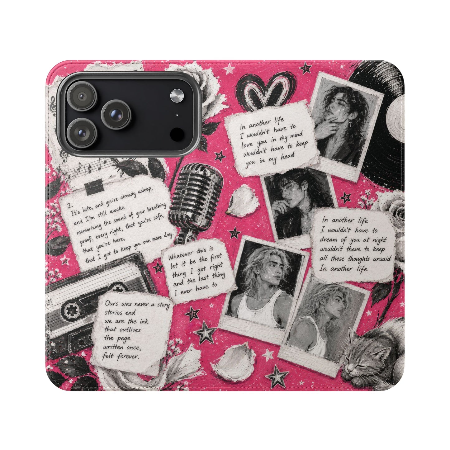 Lyric Flip Case | Bright Pink Romantic Aesthetic Phone Case | Music-Inspired Folio Wallet Case