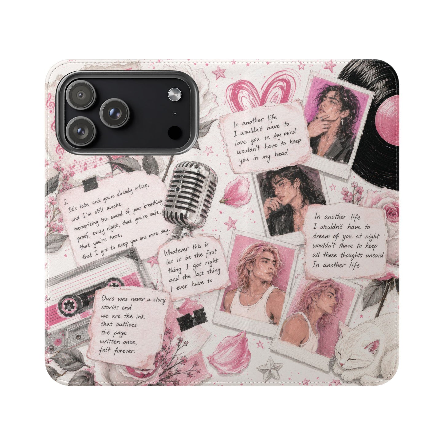 Lyric Flip Case | Light Pink Romantic Aesthetic Phone Case | Music-Inspired Folio Wallet Case