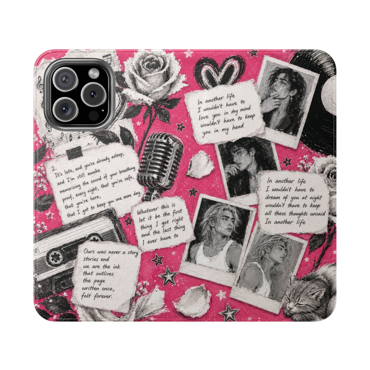 Lyric Flip Case | Bright Pink Romantic Aesthetic Phone Case | Music-Inspired Folio Wallet Case