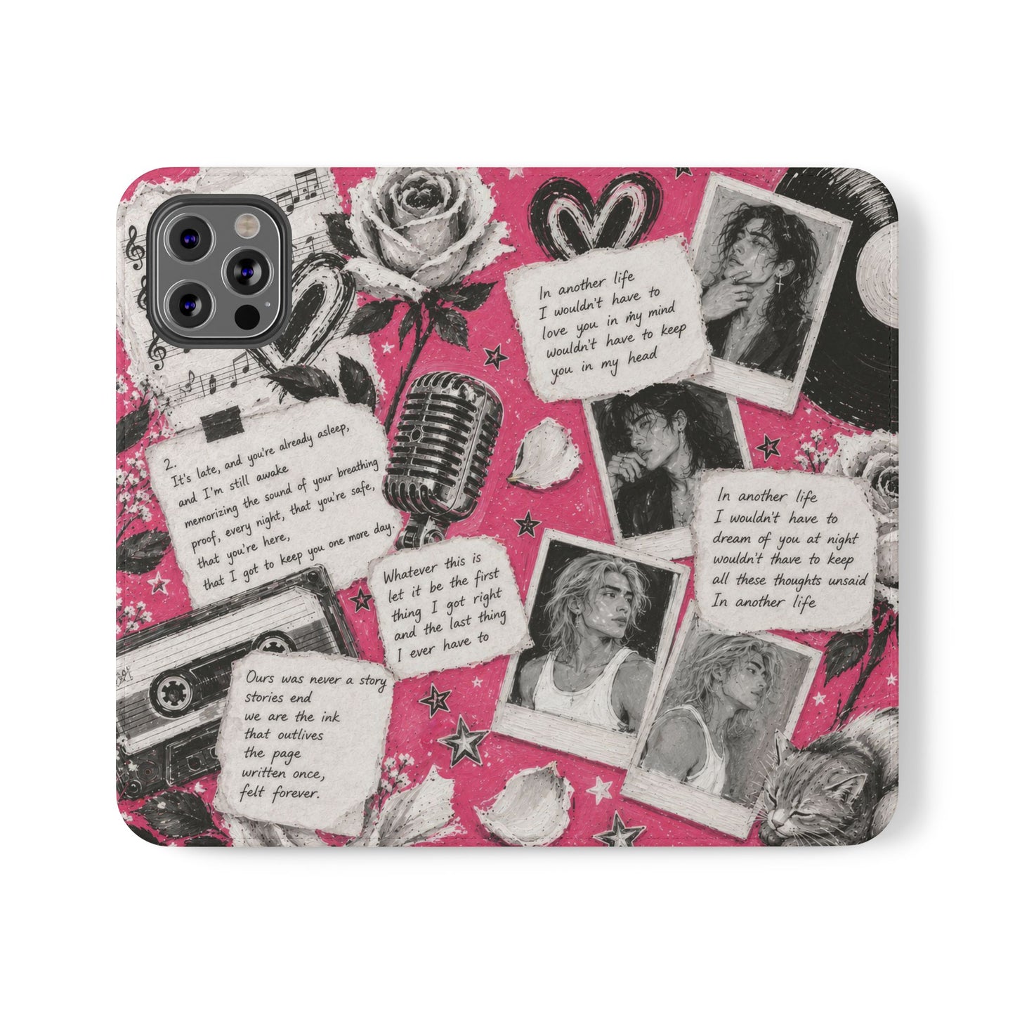 Lyric Flip Case | Bright Pink Romantic Aesthetic Phone Case | Music-Inspired Folio Wallet Case