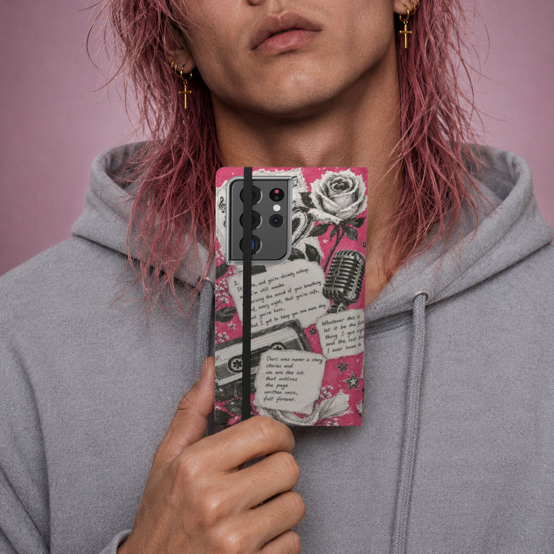 Lyric Flip Case | Bright Pink Romantic Aesthetic Phone Case | Music-Inspired Folio Wallet Case