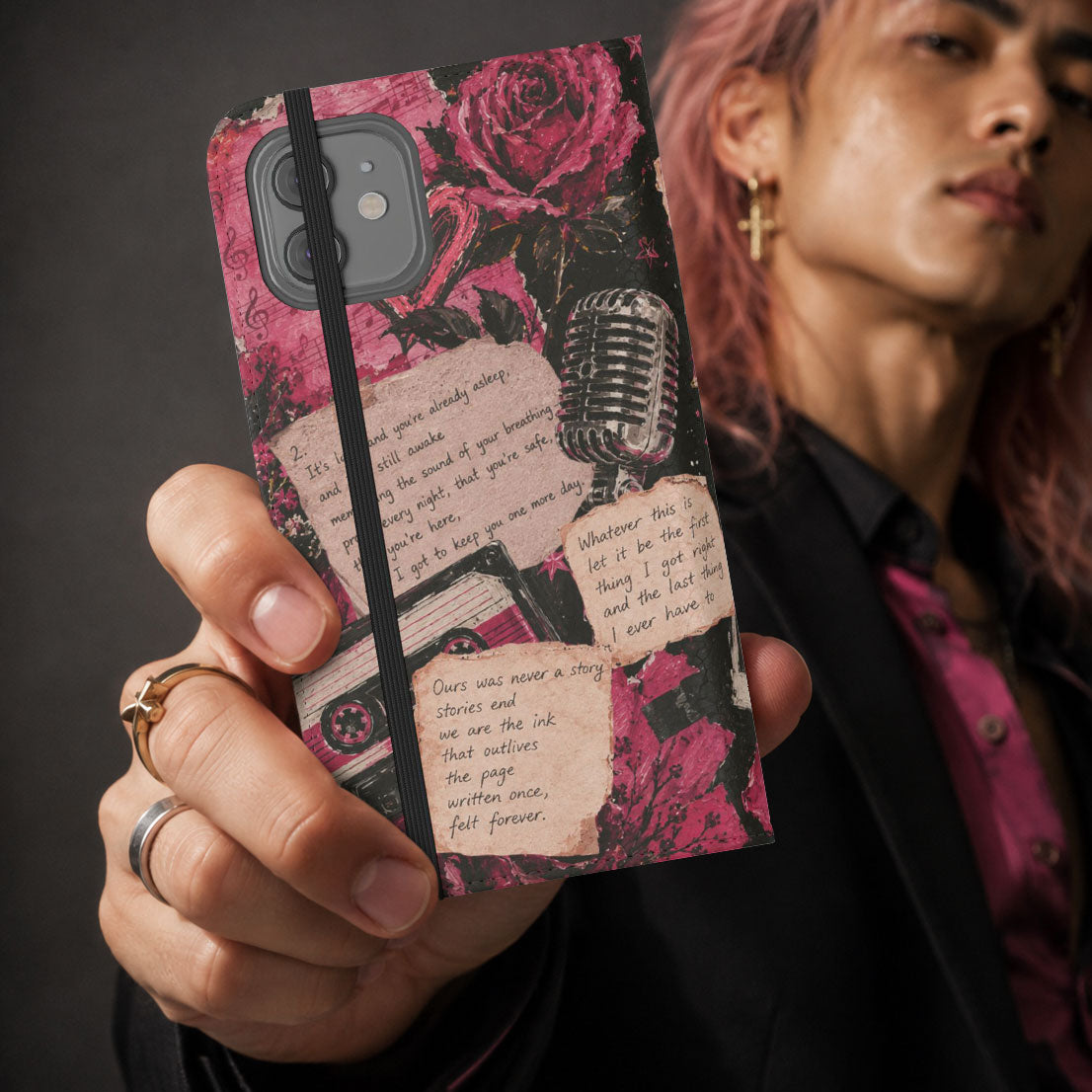 Lyric Flip Case | Dark Romantic Aesthetic Phone Case | Music-Inspired Folio Wallet Case